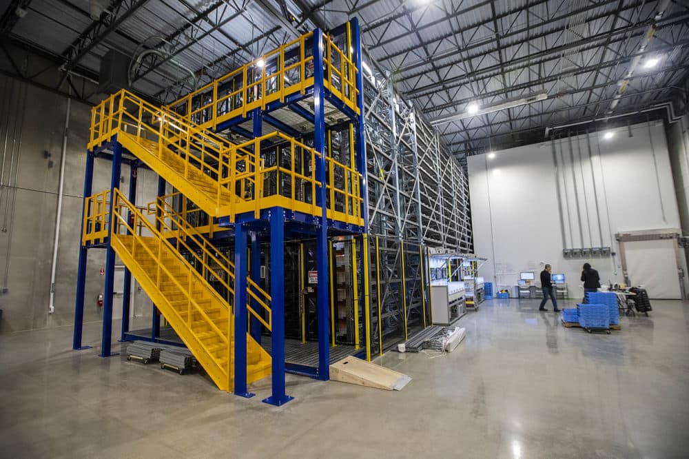 The Walmart Alphabot system for fulfilling online grocery purchase orders. (Jesse Costa/WBUR)