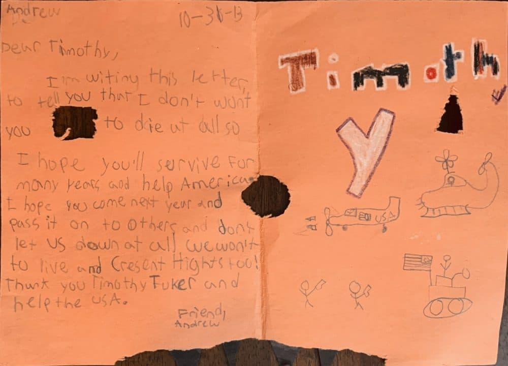 A letter from Andrew, a student at Crescent Heights Language Arts Social Justice Magnet, sent to Timothy Tucker. (Courtesy of Timothy Tucker)