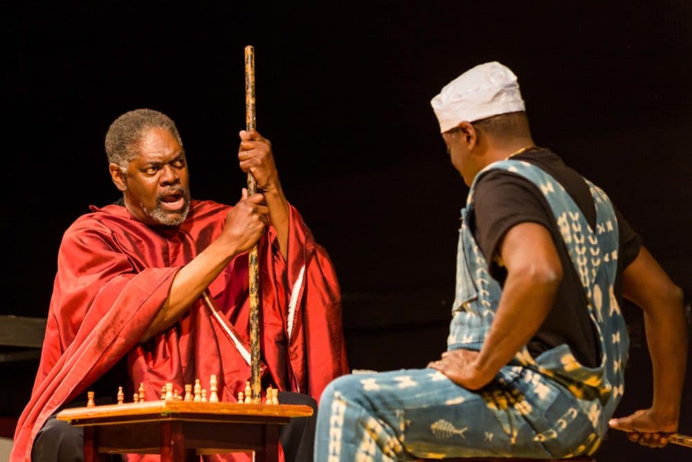 Johnny Lee Davenport (Great Grand Daddy Deus) and Regie Gibson (Great Grand Paw Sidin) in "black odyssey boston," a 2019 coproduction by Underground Railway Theatre and the Front Porch Arts Collective. (Courtesy Maggie Hall)
