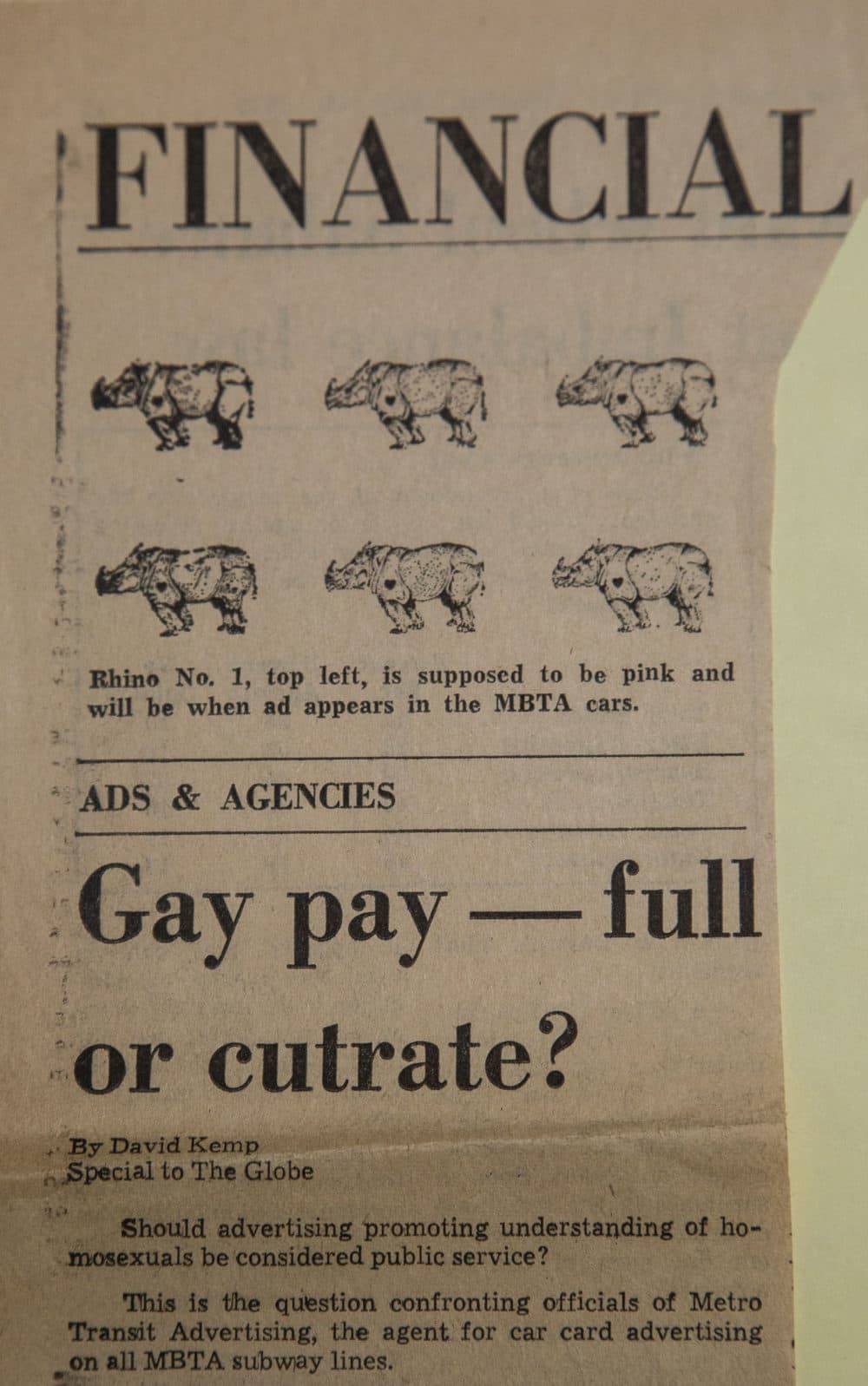 This 1974 article in The Boston Globe detailed the controversy of the Lavender Rhino before Boston Pride of that year.