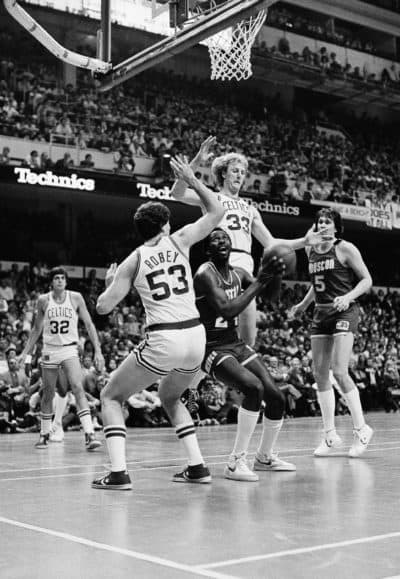 Moses Malone of the Houston Rockets prepares to go up against Rick Robey during the first quarter of Game 2 of the 1981 NBA Finals. (AP)
