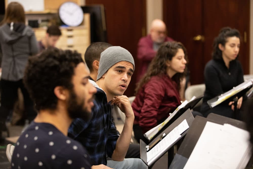 Jakeim Hart, Abubakr Ali, Dana Saleh Omar, and Layan Elwazani in rehearsal for "We Live in Cairo." (Courtesy Evgenia Eliseeva and American Repertory Theater)