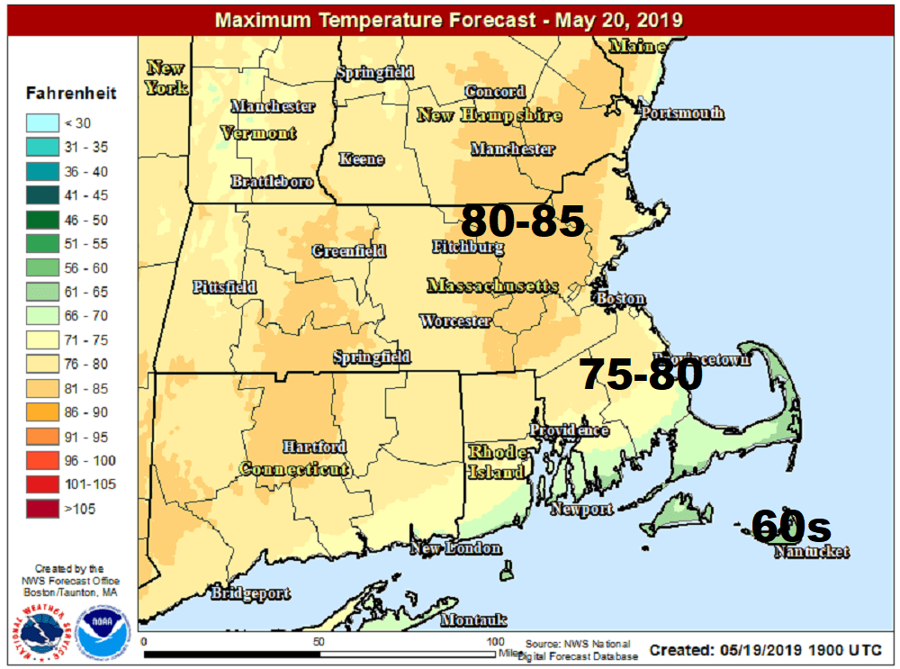 It will be very warm Monday afternoon away from the water. (Courtesy NOAA)