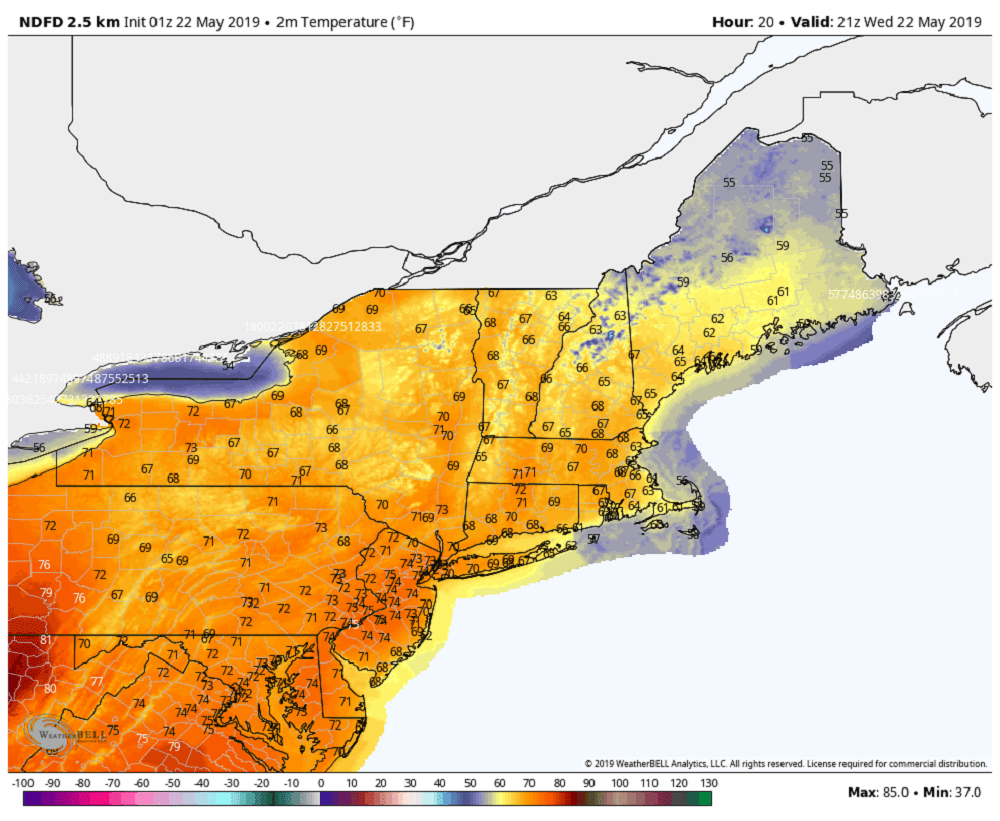 Temperatures will be withing a few degrees of 70 Wednesday. (Courtesy WeatherBell)
