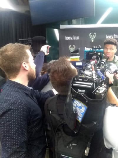 Pitman and Antetokounmpo at a press conference. (Dan Simmons for WBUR)
