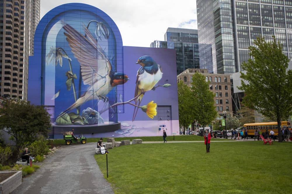 Super A's mural "Resonance" now up in Dewey Square. (Jesse Costa/WBUR)