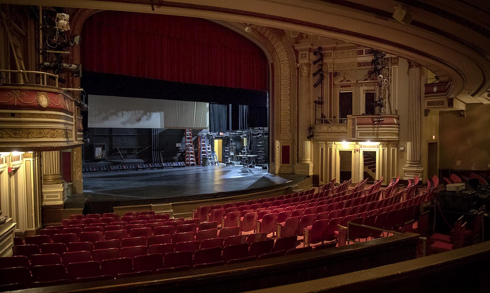 The stage and stage-level seating at The Strand Theatre. (Robin Lubbock/WBUR)