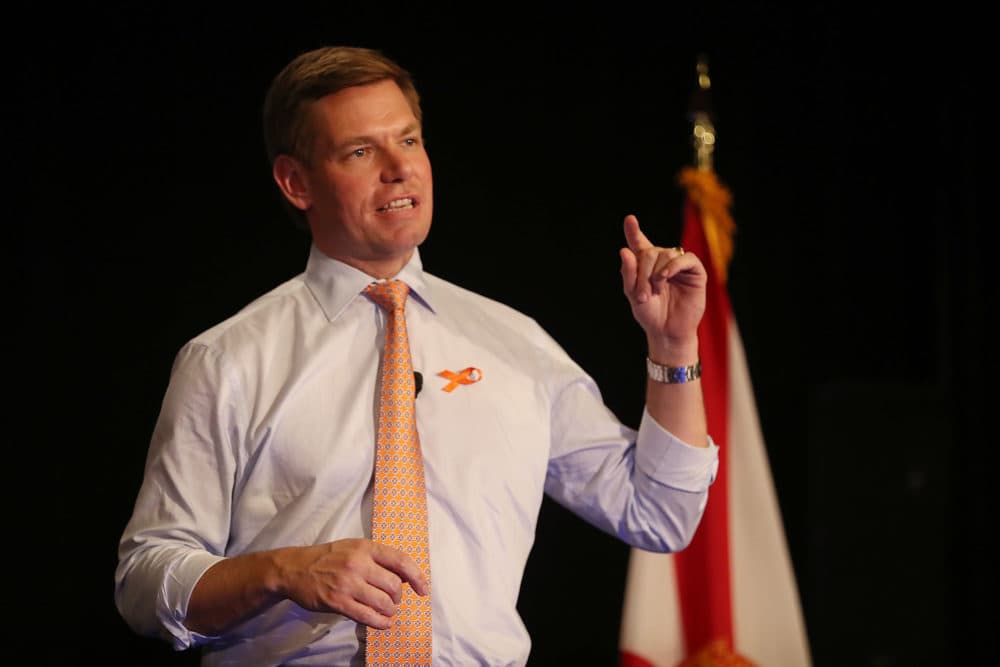 Rep. Eric Swalwell (D-Calif.), who is running for president in 2020, speaks during a town hall on gun violence at the BB&T Center on April 9, 2019 in Sunrise, Fla. (Joe Raedle/Getty Images)