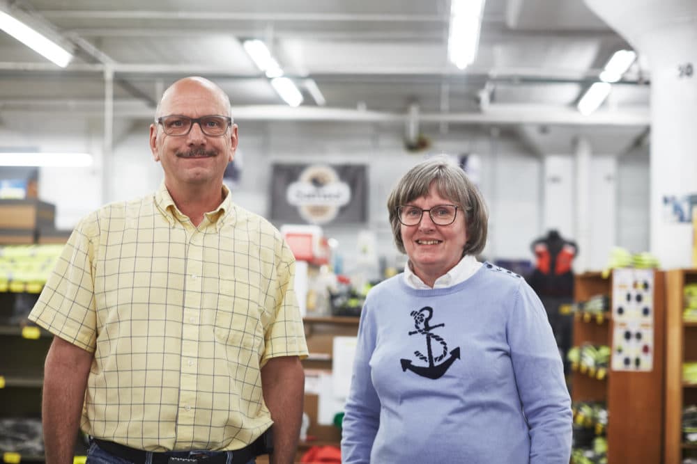Mike Samsel and Kathy Petrick run Samsel Supply Co. in the Flats development in Cleveland. Their father, Frank Samsel, began the company in 1958, and played a key role in the Cuyahoga River's revival. (Paul Sobota for Here & Now)
