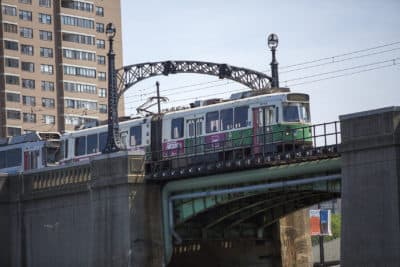 An MBTA Green Line train leaving Science Park Station en route to Lechmere. (Jesse Costa/WBUR)