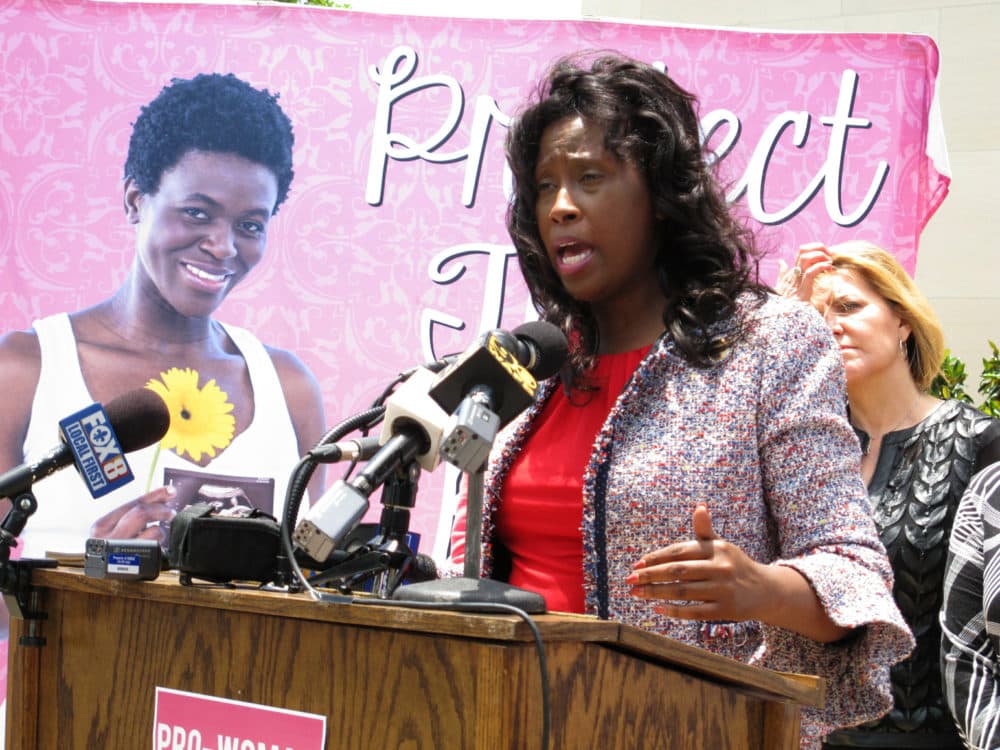 Rep. Katrina Jackson talks to reporters about her bill asking voters to add language into the state constitution declaring that it doesn't protect abortion rights, on Tuesday, May 21, 2019, in Baton Rouge, La. (Melinda Deslatte/AP)