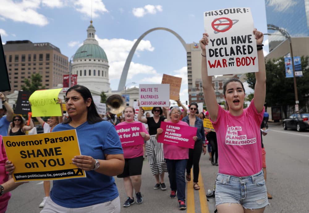 Abortion-rights supporters march Thursday, May 30, 2019, in St. Louis. (Jeff Roberson/AP)