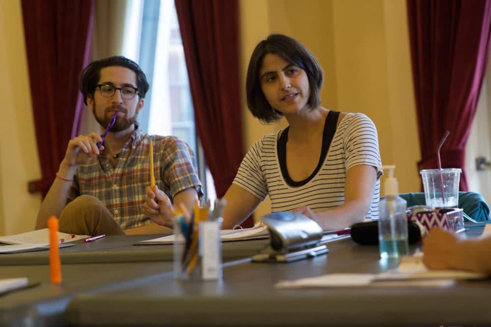 Boston Project Playwright MJ Halberstadt and director Megan Sandberg-Zakian in rehearsal for "The Usual Unusual" in Deane Hall at the Calderwood Pavilion. (Courtesy Paul Fox)