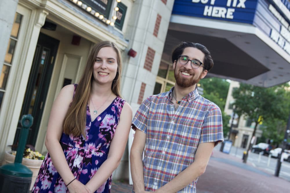 Boston Project playwrights Laura Neill and MJ Halberstadt outside rehearsal at the Calderwood Pavilion on the BCA Plaza in the South End. (Courtesy Paul Fox)