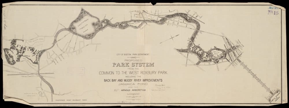 Proposed park system from the Common to the West Roxbury Park including the Back Bay and Muddy river improvements, Jamaica Pond and the Arnold Arboretum, 1882. (Courtesy Harvard Map Collection)
