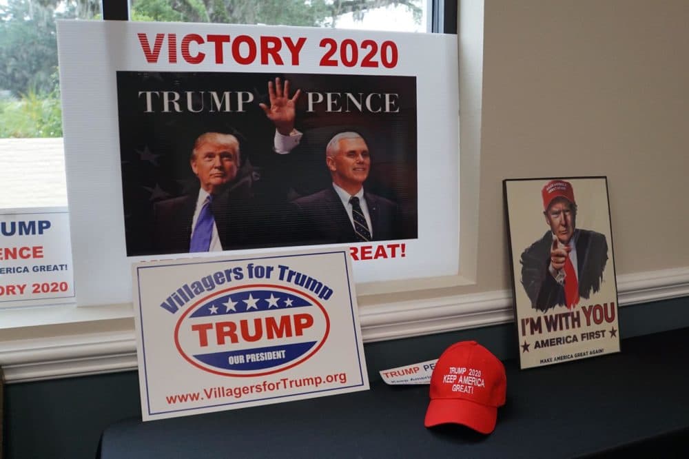 Pro-Trump merchandise adorns the recreation center where leaders of several Republican clubs hold meetings in The Villages, a retirement town in central Florida north of Orlando, on June 12, 2019. (Leila Macor/AFP/Getty Images)