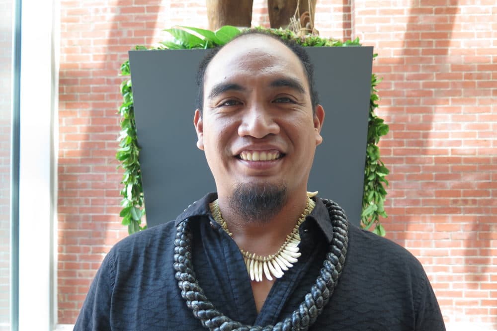 Marques Hanalei Marzan traveled from Hawaii to lead a ceremony for Kūka‘ilimoku at the Peabody Essex Museum. (Andrea Shea/WBUR)