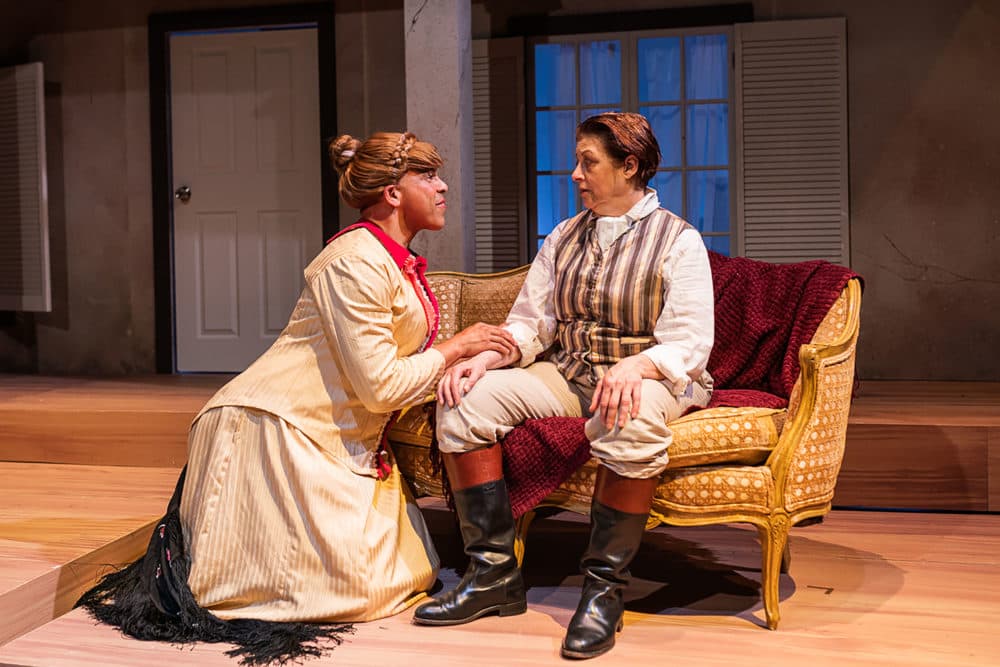 Joshua Wolf Coleman as Betty and Stephanie Clayman as Clive in "Cloud 9" at Central Square Theater. (Courtesy Nile Scott Studios)