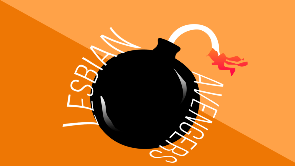 An illustration of the bomb used on the Lesbian Avengers' recruitment materials and shirts. (Arielle Gray/WBUR)