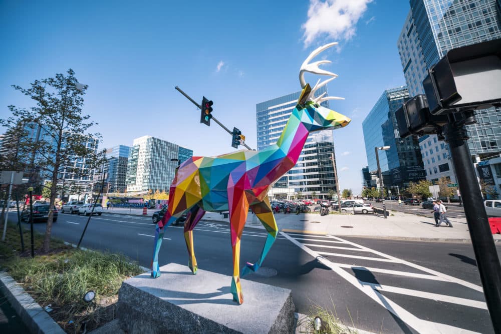 A deer, titled "Diversity: Wild," is one of seven installations by artist Okuda San Miguel in Boston's Seaport District. (Courtesy Just Kids)