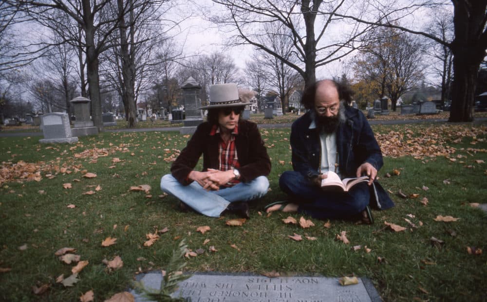 Bob Dylan and Allen Ginsberg at the grave of Jack Kerouac in "Rolling Thunder Review: A Bob Dylan Story by Martin Scorsese." (Courtesy Netflix)