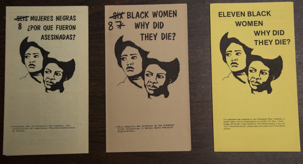 This series of pamphlets was created by the Combahee River Collective to spread awareness about the murders of black women in Boston. They had to update the number on the pamphlet as the number of murdered women increased. (Courtesy The History Project)