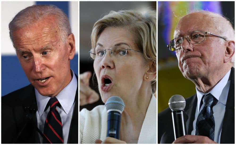 Candidates for the Democratic presidential nomination: former Vice President Joe Biden, Mass. Senator Elizabeth Warren and Vermont Senator Bernie Sanders.