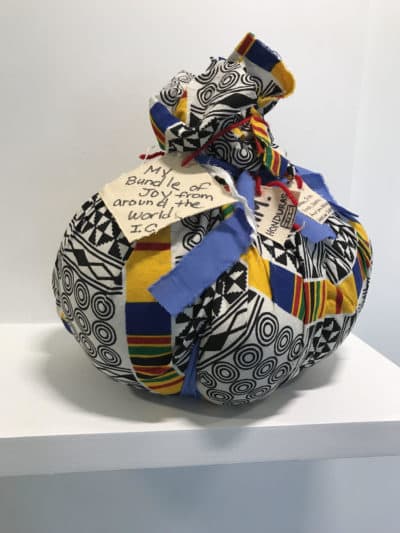 One of the bundles from Yu-Wen Wu's exhibition "Leavings/Belongings" at the Pao Arts Center. (Pam Reynolds/WBUR)