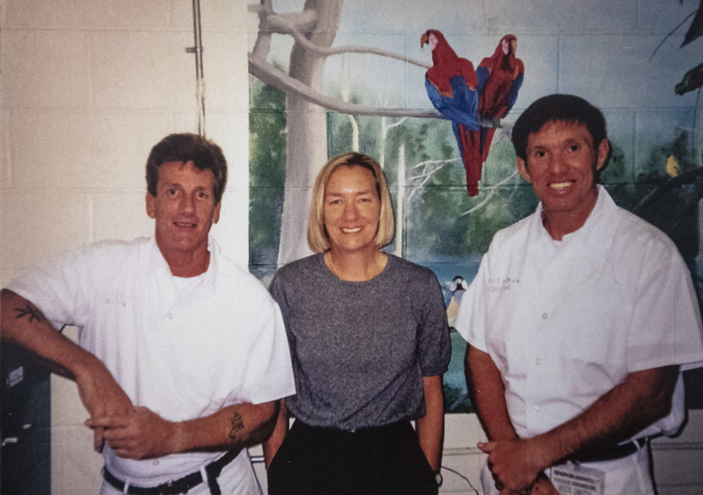 Jenny Phillips, center, poses in a photograph with Rick Smith, left, and Grady Bankhead, prison inmates at Donaldson Correction Facility and subjects in her documentary film "The Dhamma Brothers." (Courtesy Frank Phillips)