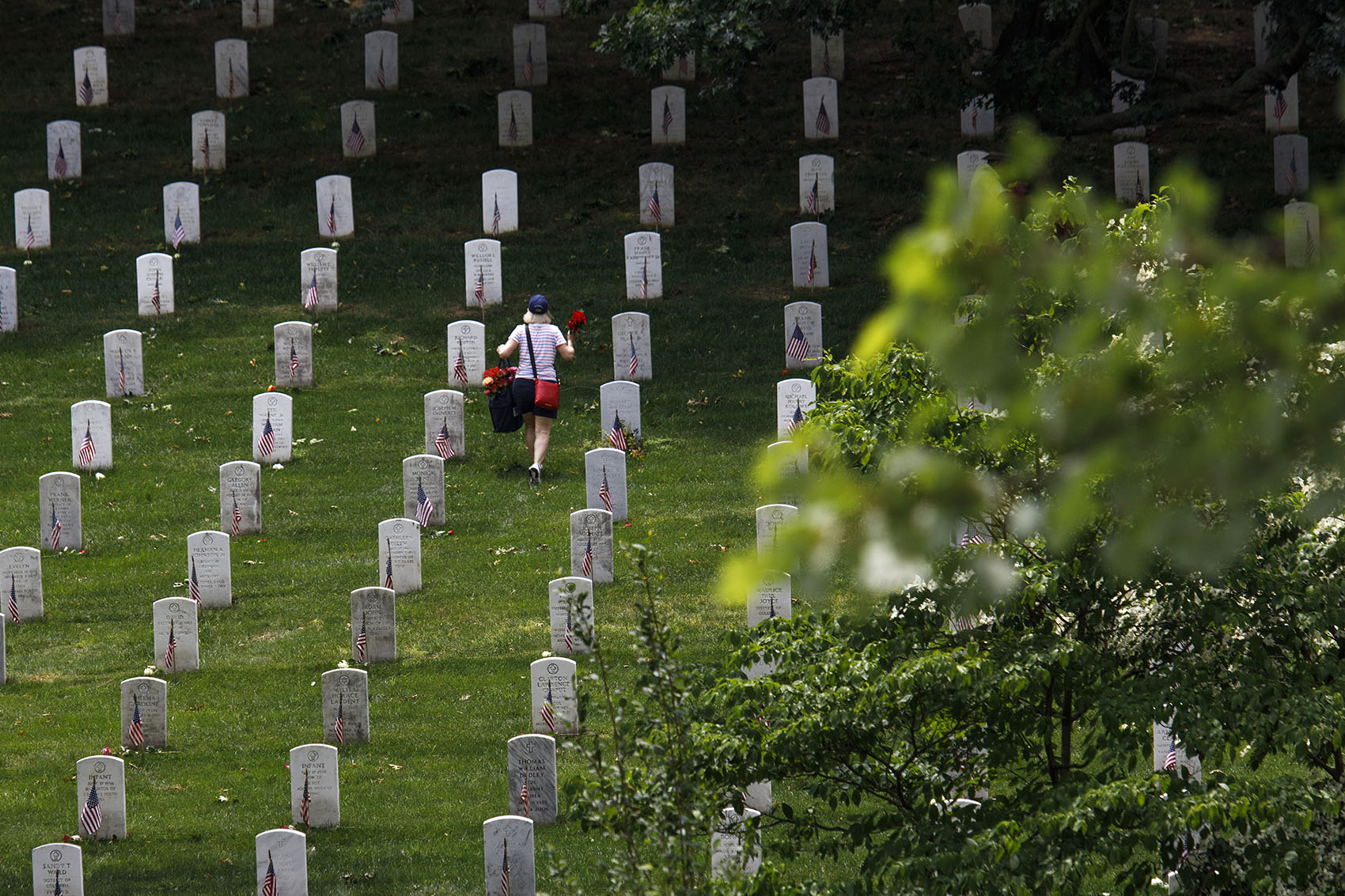 A volunteer places flowers at the base of tombstones during an event at Arlington National Cemetery in in Arlington, Va., ahead of Memorial Day. (Tom Brenner/Getty Images)