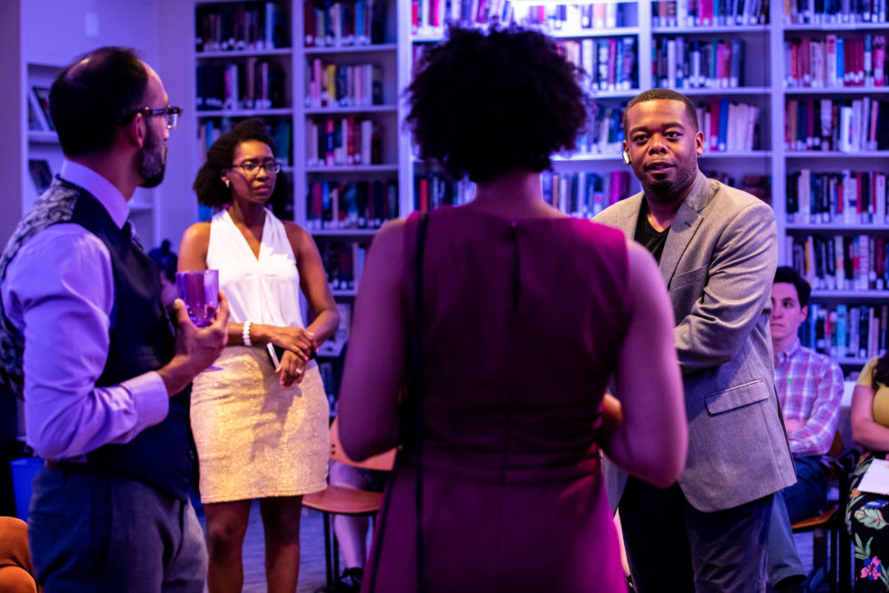 Shahjehan Khan as Adams, Blyss Cleveland as Kim, Rachel Cognata as Christine and Dominic Carter as Michael in the world premiere of Kirsten Greenidge’s play "Greater Good." (Courtesy Natasha Moustache/A.R.T.)
