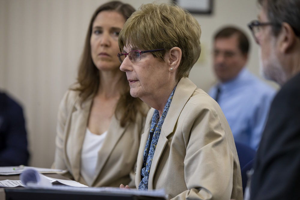 Jean Montgomery, Diatchenko’s stepmother, speaks before the Massachusetts Parole Board in support of her stepson. (Jesse Costa/WBUR)