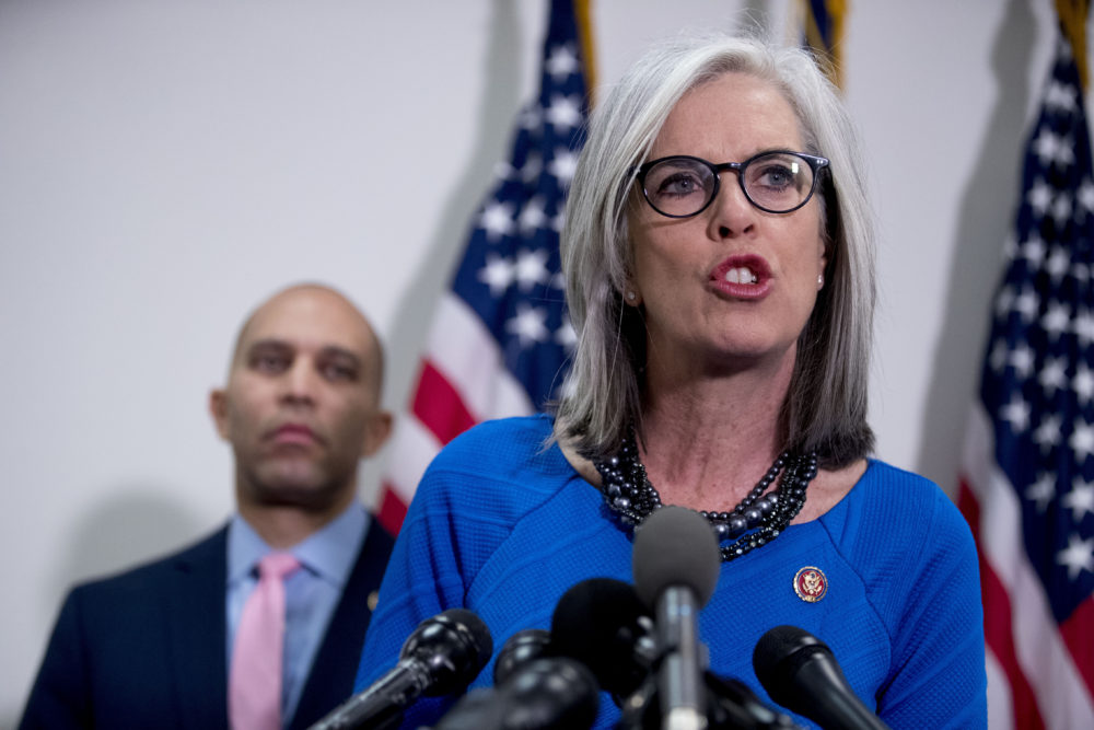 Democratic Caucus Vice Chair Katherine Clark, D-Mass., speaks at a news conference on Capitol Hill in Washington, Jan. 23, 2019. (Andrew Harnik/AP)