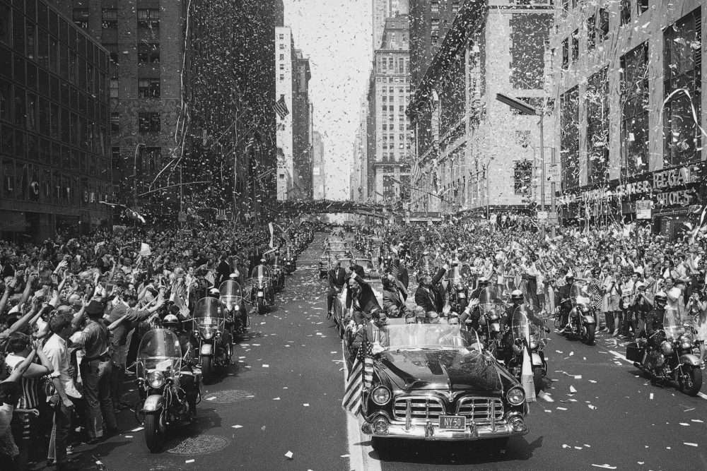 On Aug. 13, 1969, people line 42nd Street in New York to cheer the Apollo 11 astronauts. (AP)