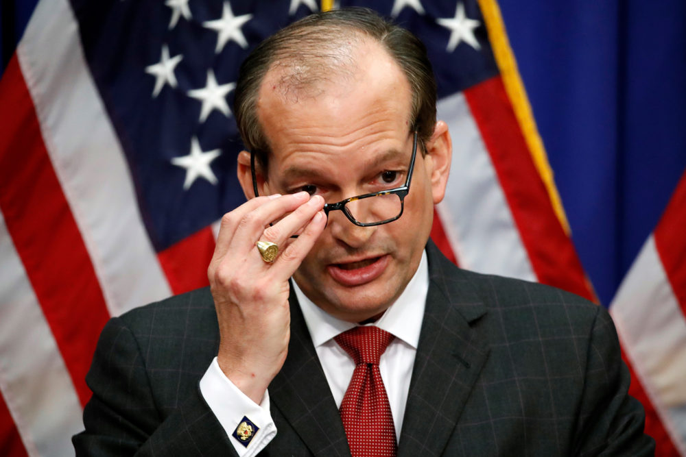 Labor Secretary Alex Acosta speaks during news conference at the Department of Labor, Wednesday, July 10, 2019, in Washington. (Alex Brandon/AP Photo)