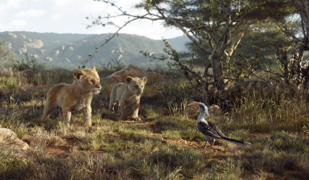 Young Simba, voiced by JD McCrary, young Nala, voiced by Shahadi Wright Joseph, and Zazu, voiced by John Oliver, in a scene from "The Lion King." (Disney via AP)