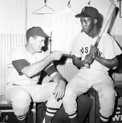 Elijah "Pumpsie" Green, right, and Ted Williams, in Chicago, Ill on July 21, 1959, the day Green became the first African American ever to play for the Red Sox. (Ed Maloney/AP)