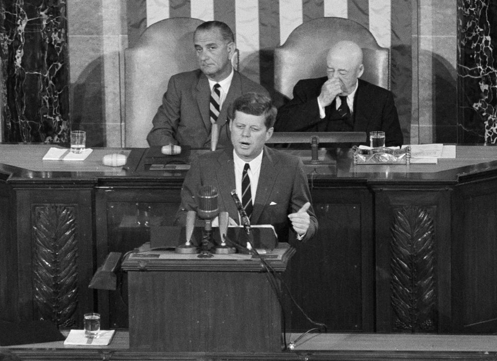 On May 25, 1961, President John F. Kennedy speaks before a joint session of Congress, issuing the challenge for NASA to send a man to the moon. (AP)