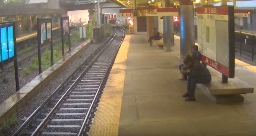 A still from video released by the MBTA shows the moment a Red Line train derailed on June 11.
