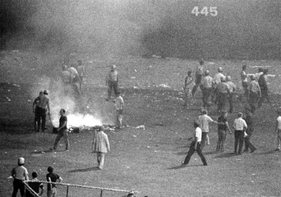 Disco vinyl smolders in center field at Comiskey Park. (Fred Jewell/AP)