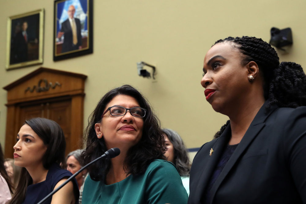 (Left to right) U.S. Rep. Alexandria Ocasio-Cortez, D-N.Y., Rep. Rashida Tlaib, D-Minn., and Rep. Ayanna S. Pressley, D-Mass., attend a House Oversight and Reform Committee hearing on "The Trump Administration's Child Separation Policy: Substantiated Allegations of Mistreatment," July 12, 2019. (Win McNamee/Getty Images)