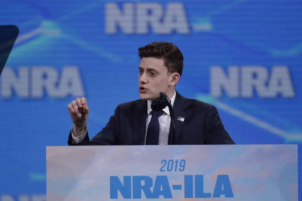 Kyle Kashuv, a survivor of the shooting at Marjory Stoneman Douglas High School, speaks at the National Rifle Association Institute for Legislative Action Leadership Forum in Indianapolis, Friday, April 26, 2019. (Michael Conroy/AP)