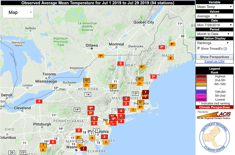 Many climate sites are experiencing a top-5 warm month this year. (Screenshot courtesy of the Southeast Regional Climate Center)