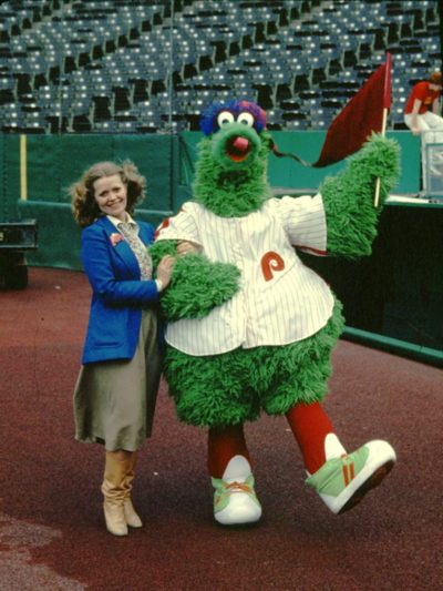 Bonnie Erickson and the Phillie Phanatic in 1980. (Courtesy Bonnie Erickson)