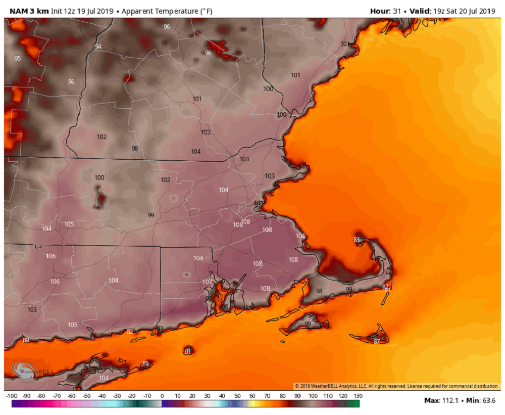 When you combine the heat and humidity this weekend it will feel over 100 degrees in many areas. (Courtesy WeatherBell)