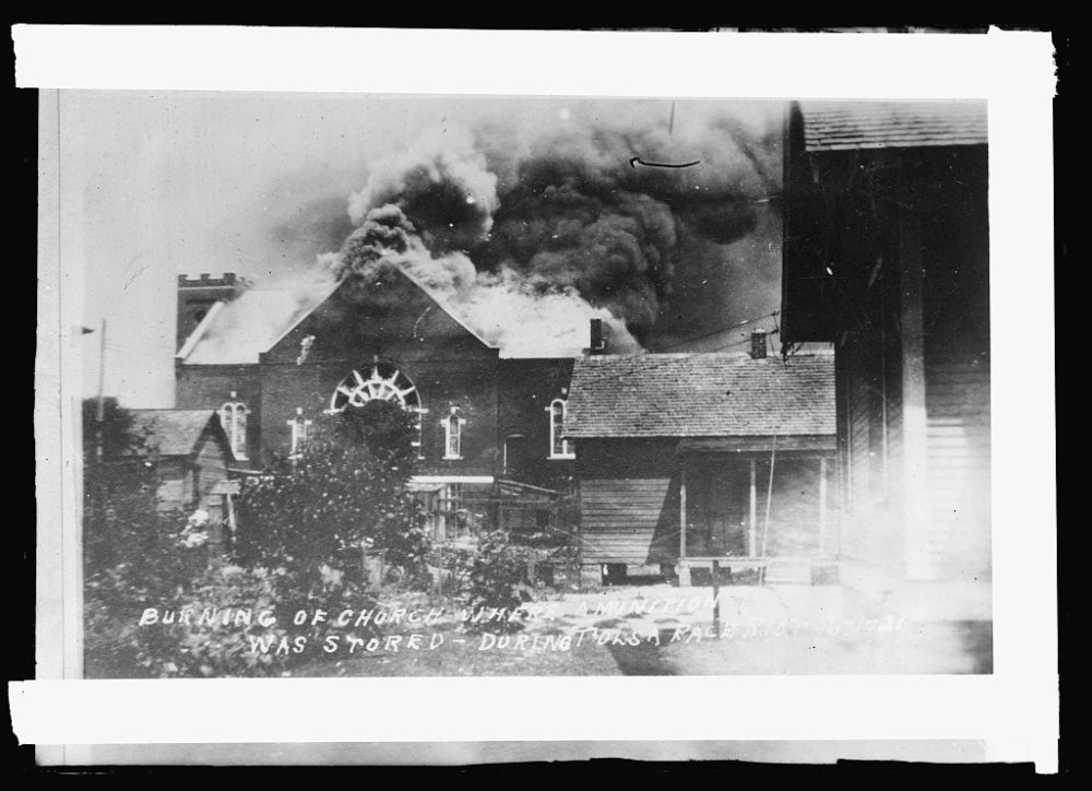 Burning of church where ammunition was stored during the Tulsa Race Massacre. (Photo courtesy of the Library of Congress, Prints & Photographs Division, American National Red Cross Collection)