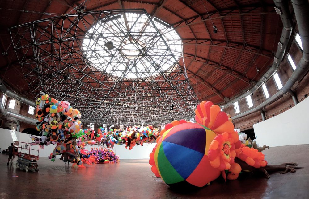 "Augment" in the process of installation at the Cyclorama. (Robin Lubbock/WBUR)
