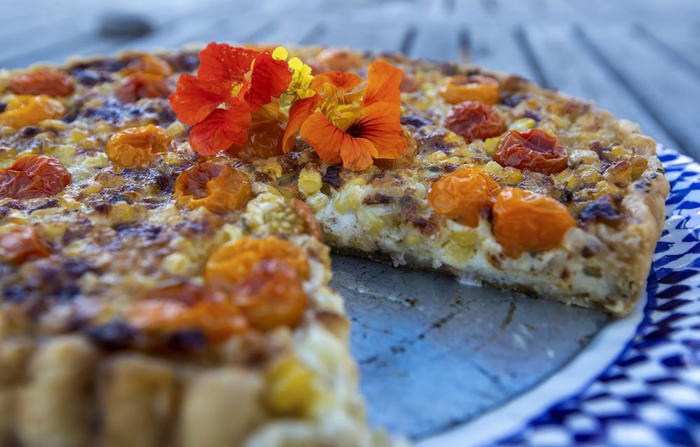 Corn, tomato and basil tart. (Jesse Costa/WBUR)