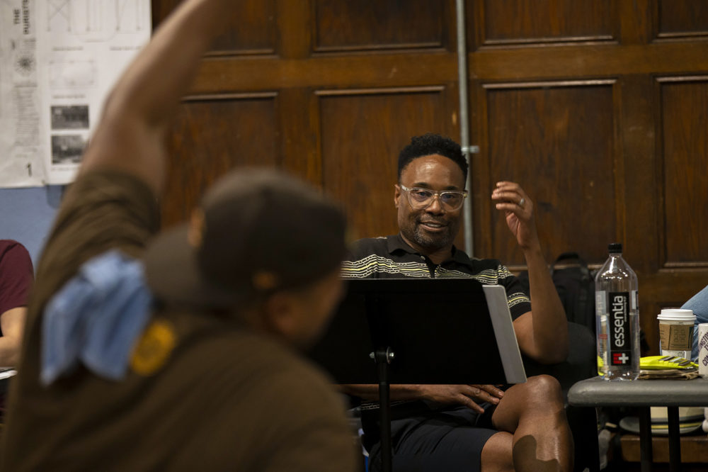 Director Billy Porter reacts during a rehearsal of the opening scene of "The Purists." (Jesse Costa/WBUR)