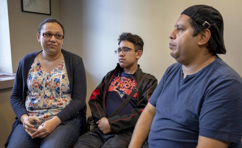 Mariela and Gary Sanchez, and their son Jonathan, entered the U.S. in 2016 on tourist visas. Sixteen-year-old Jonathan gets treatment for cystic fibrosis at Boston Children’s Hospital. (Robin Lubbock/WBUR)